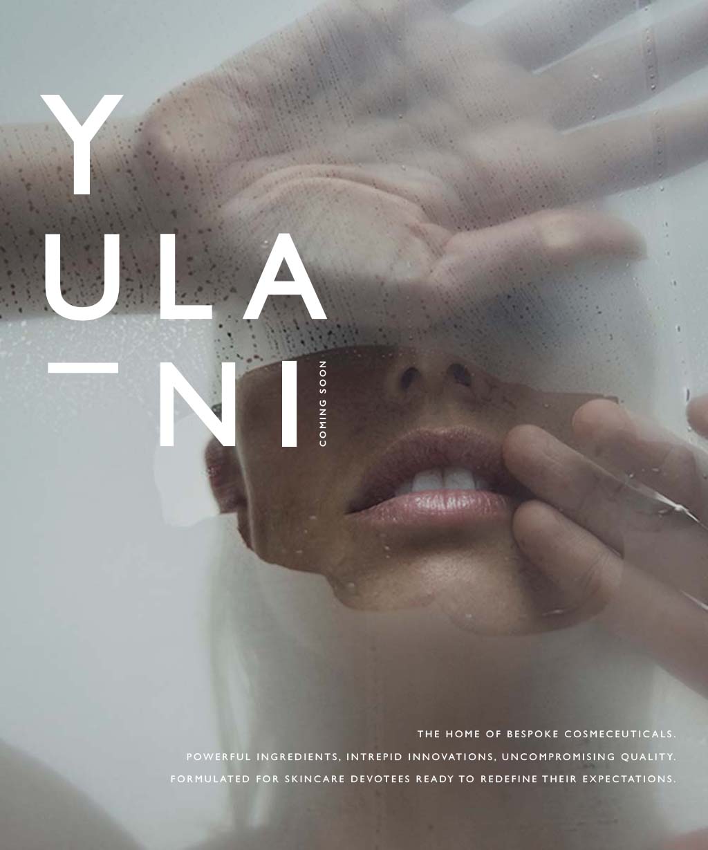 Yulani coming soon home page. Text reads, the home of bespoke cosmeceuticals. Powerful ingredients, intrepid innovation, uncompromising quality. Formulated for skincare devotees ready to redefine their expectation. Image depicts talent looking into fogged